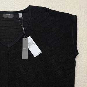 Tahari Top Women Medium Black V-Neck Cap Sleeve Textured Knit Sweater Shell NEW